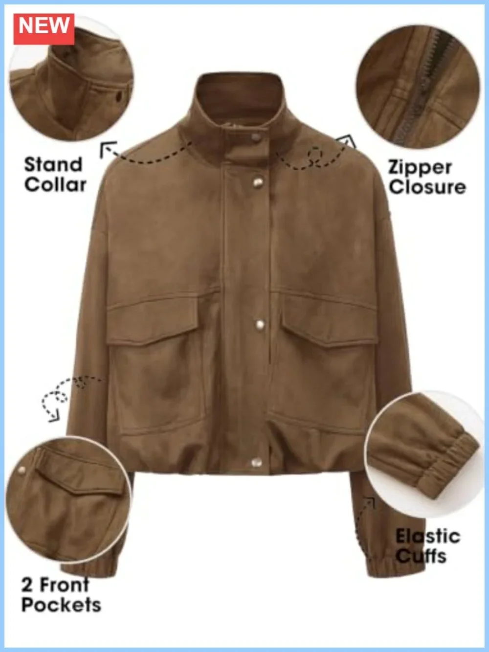 Faux Suede Bomber Jacket Oversized Cropped Long Sleeve Zip Up